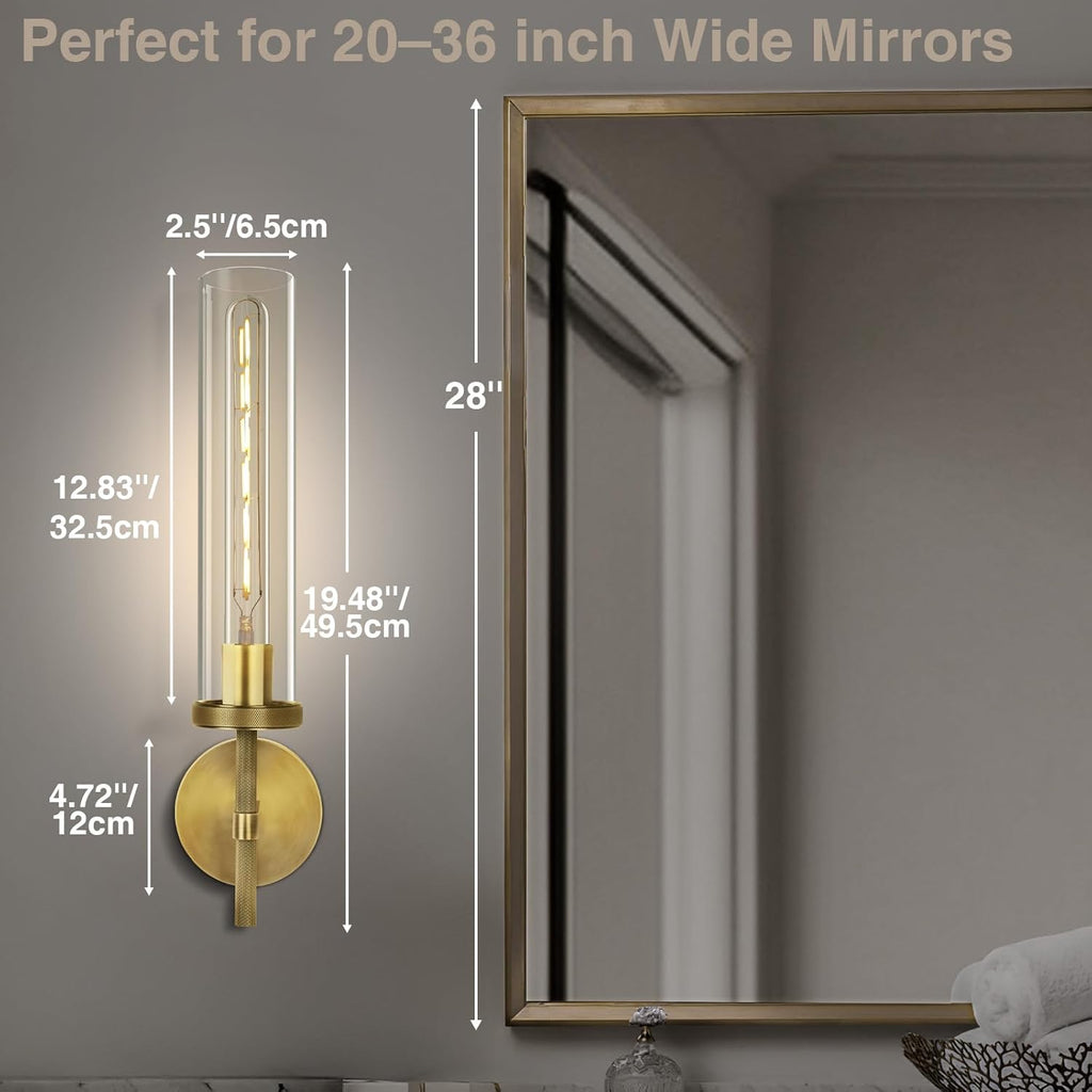 Brass Wall Sconces Set of Two, 19.48" Modern Wall Lighting with Clear Glass Tube, Bathroom Vanity Lights, Bronze Sconces Wall Lights for Bedroom, Living Room, Hallway, Staircase (Including Bulb)