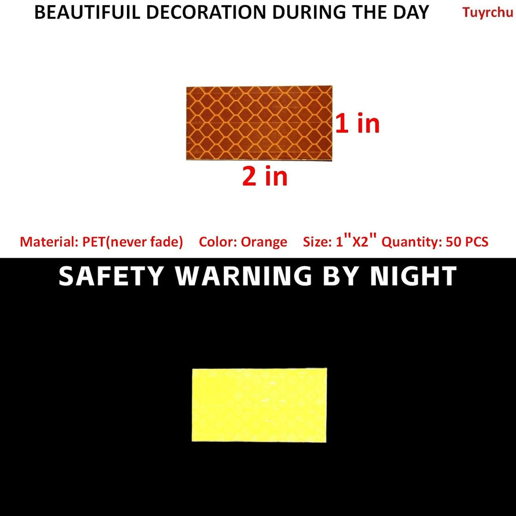 Non Fading Orange Reflective Stickers 1 inch X 2 inch, Outdoor Waterproof High Visibility Warning Safety Adhesive Reflector Tape (50 Pcs)