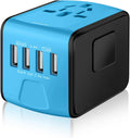 Universal International Travel Power Adapter W/Smart High Speed 2.4A 4xUSB Wall Charger, European Travel Plug Adapter, Worldwide AC Outlet for Europe, UK, US, AU, Asia-Blue