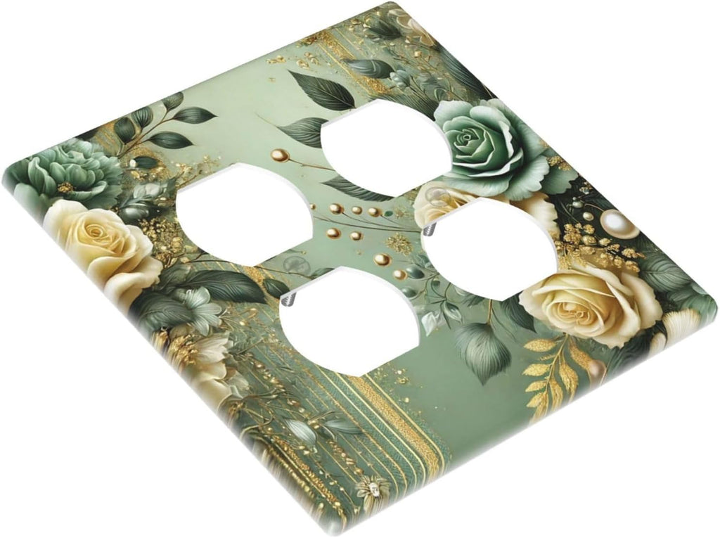 Decorative Outlet Covers Rustic Green Floral Leaves Teal Flowers Gold Stripe 2 Gang Wall Plate Cover Double Duplex Receptacle Two Switch Light Switch Cover Plate Faceplate