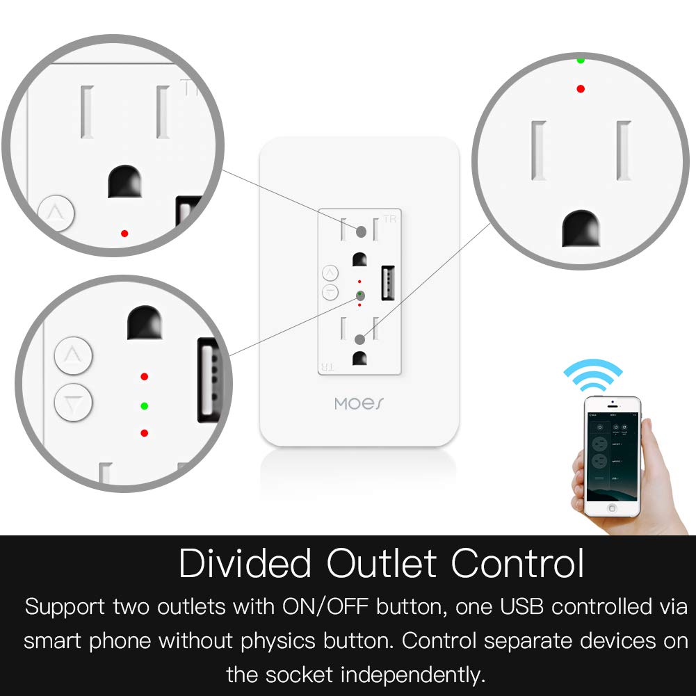 MOES WiFi Smart Wall Outlet,15A Divided Control 2 in Wall Socket with USB Interface,Smart Life/Tuya APP Remote Control Compatible with Alexa and Google Home No Hub Required, ETL Certified, 2.4G WiFi