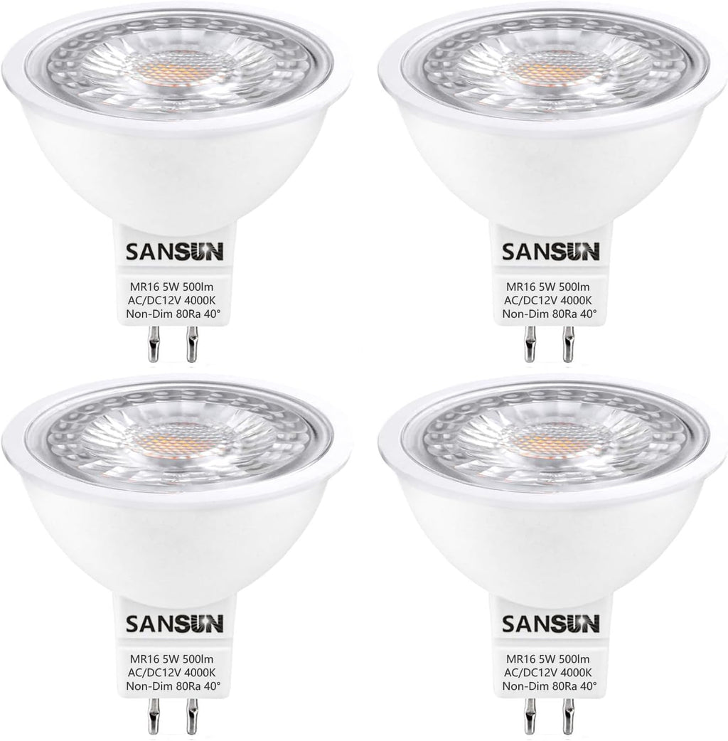 5W MR16 LED Landscape Light Bulbs, Low Voltage 12V 50W Halogen Replacement for Outdoor Landscape Spotlight and Track Light, GU5.3 Bi-Pin Base, Daylight White 4000K, Non-Dimmable, (Pack of 4)