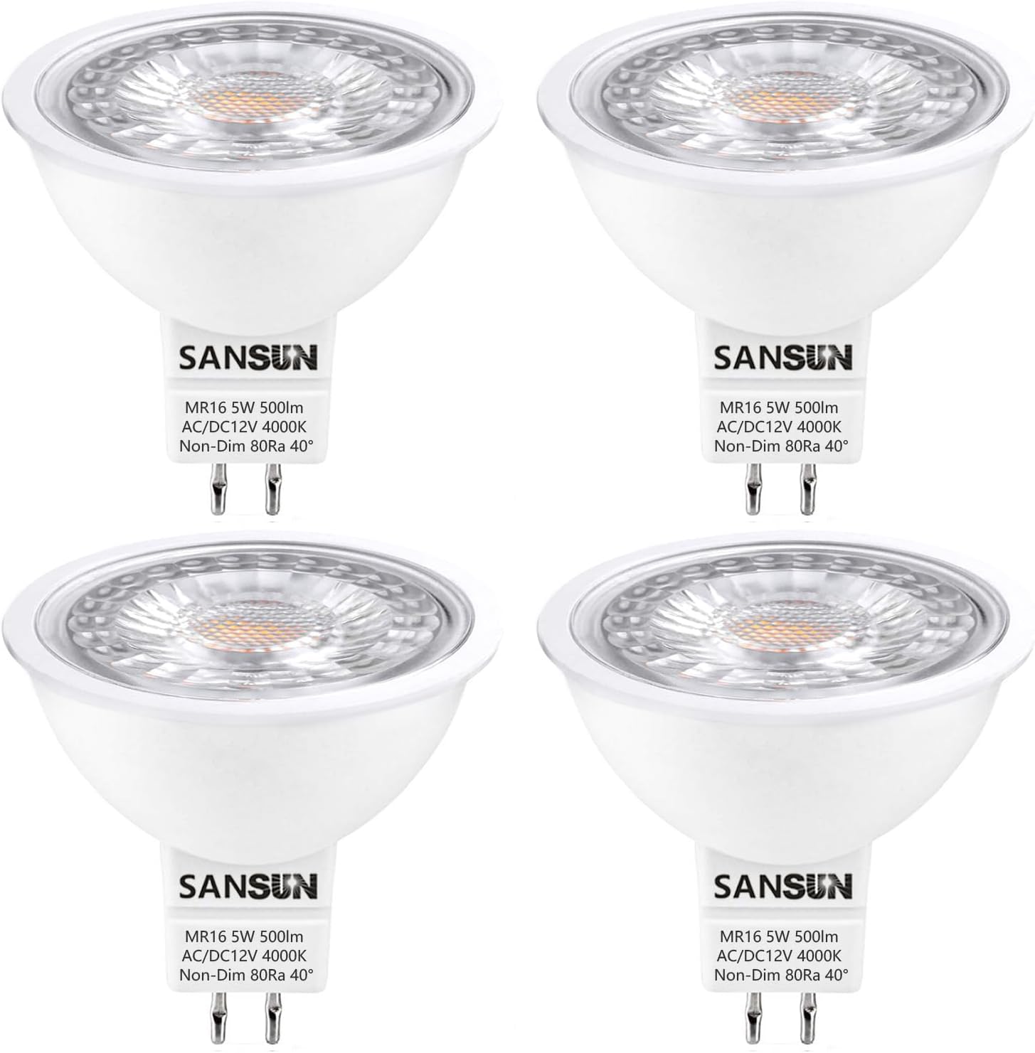 5W MR16 LED Landscape Light Bulbs, Low Voltage 12V 50W Halogen Replacement for Outdoor Landscape Spotlight and Track Light, GU5.3 Bi-Pin Base, Daylight White 4000K, Non-Dimmable, (Pack of 4)