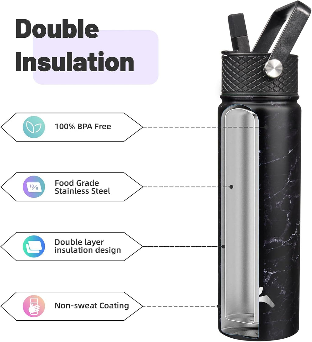 22oz Stainless Steel Bottles with 3 Lids Sport Insulated Water Bottle,Marble Midnight