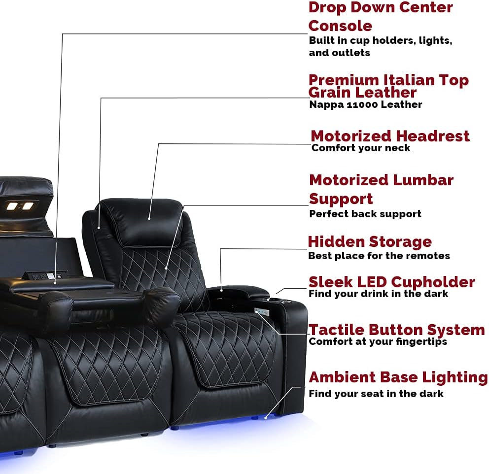 Valencia Oslo Home Theater Seating | Premium Top Grain Italian Nappa 11000 Leather, Power Headrest, Power Lumbar Support, with Center Console (Row of 3, Black)