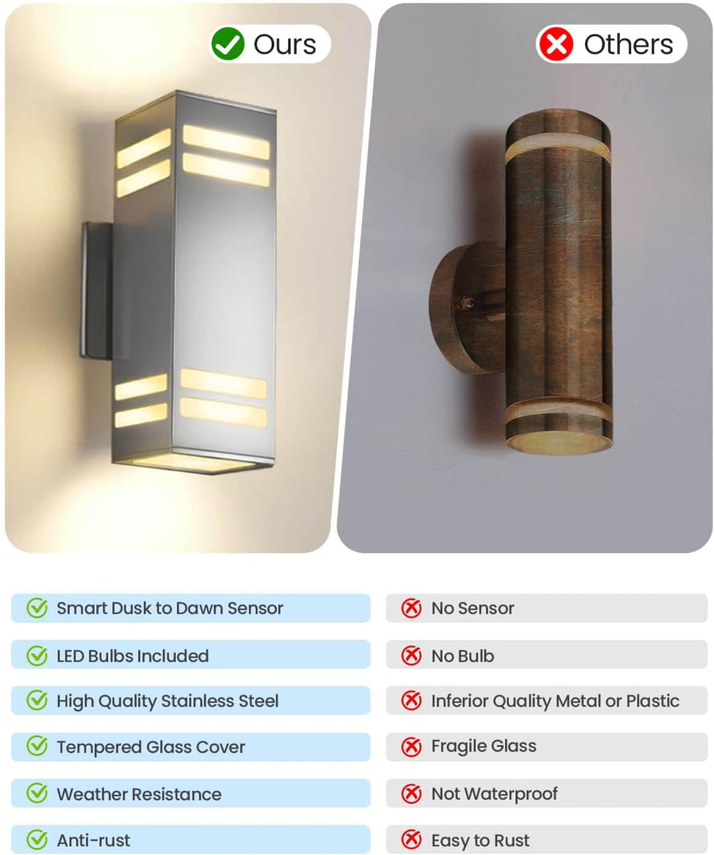 KIZON Modern Dusk to Dawn Outdoor Lighting 2 Pack, Stainless Steel Up and Down Sconce with E26 Base, Includes 3000K Bulbs, Waterproof Exterior Lighting Fixtures, Outdoor Lights for House Porch Garage
