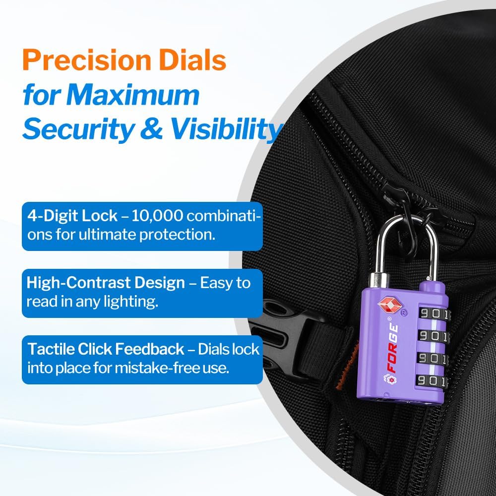 Forge Dual-Opening: Key or Combination Lock, TSA Approved Lock for Luggage, Pelican case, Travel, Gym, School, Luggage Combination Lock, Travel Bag Lock (Purple 2 Pk)