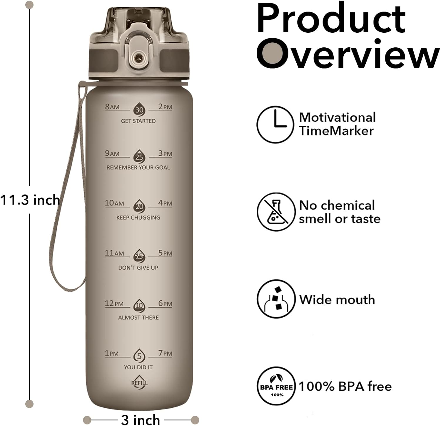 32oz Water Bottle with Time Marker, Motivational Drinking Bottle with Strap, BPA-Free Leak-Proof, Encouraging Water Bottle Time to Drink Water for Gym School Office Travel