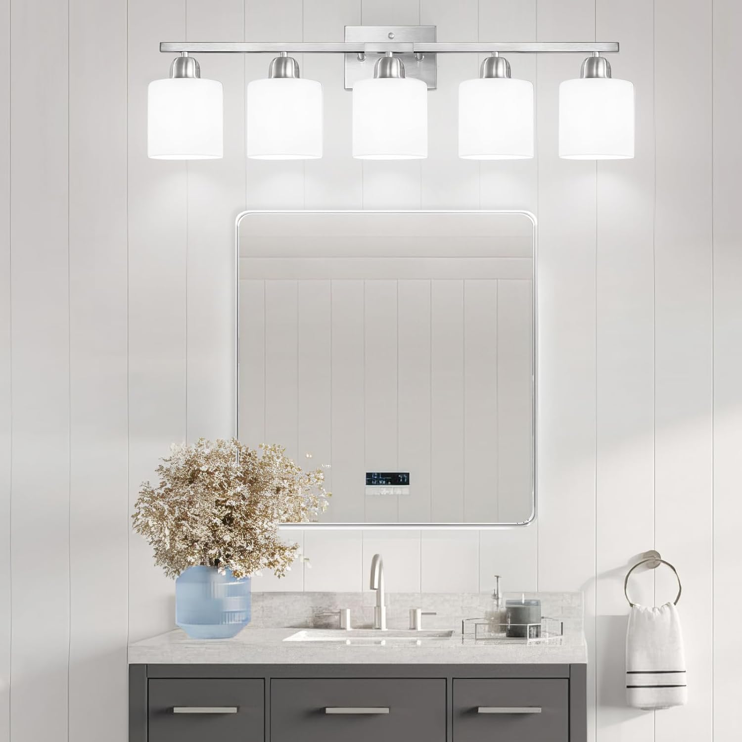 5 Light Bathroom Light Fixtures Brushed Nickel, Bathroom Vanity Light with Milky White Frosted Glass Shade, Vanity Lights for Mirror Bedroom Living Room E26 Base