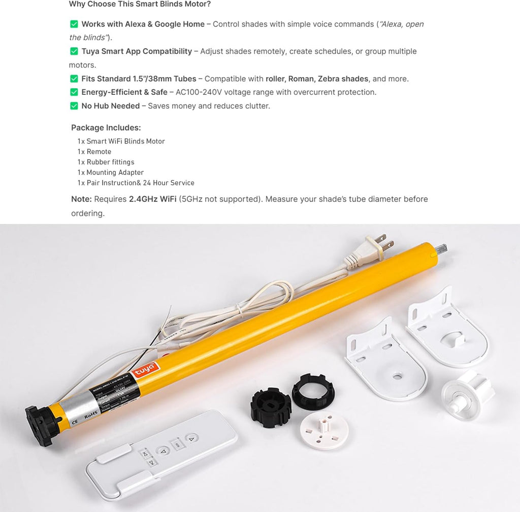 Smart Tuya WiFi Blinds Motor, AC100-240V Plug-in for 1.5"/38mm Shade Tubes, Compatible with Alexa/Google Home, APP & Timer Control, No Hub Required - Idea for Zebra, Roman, Roller Shades