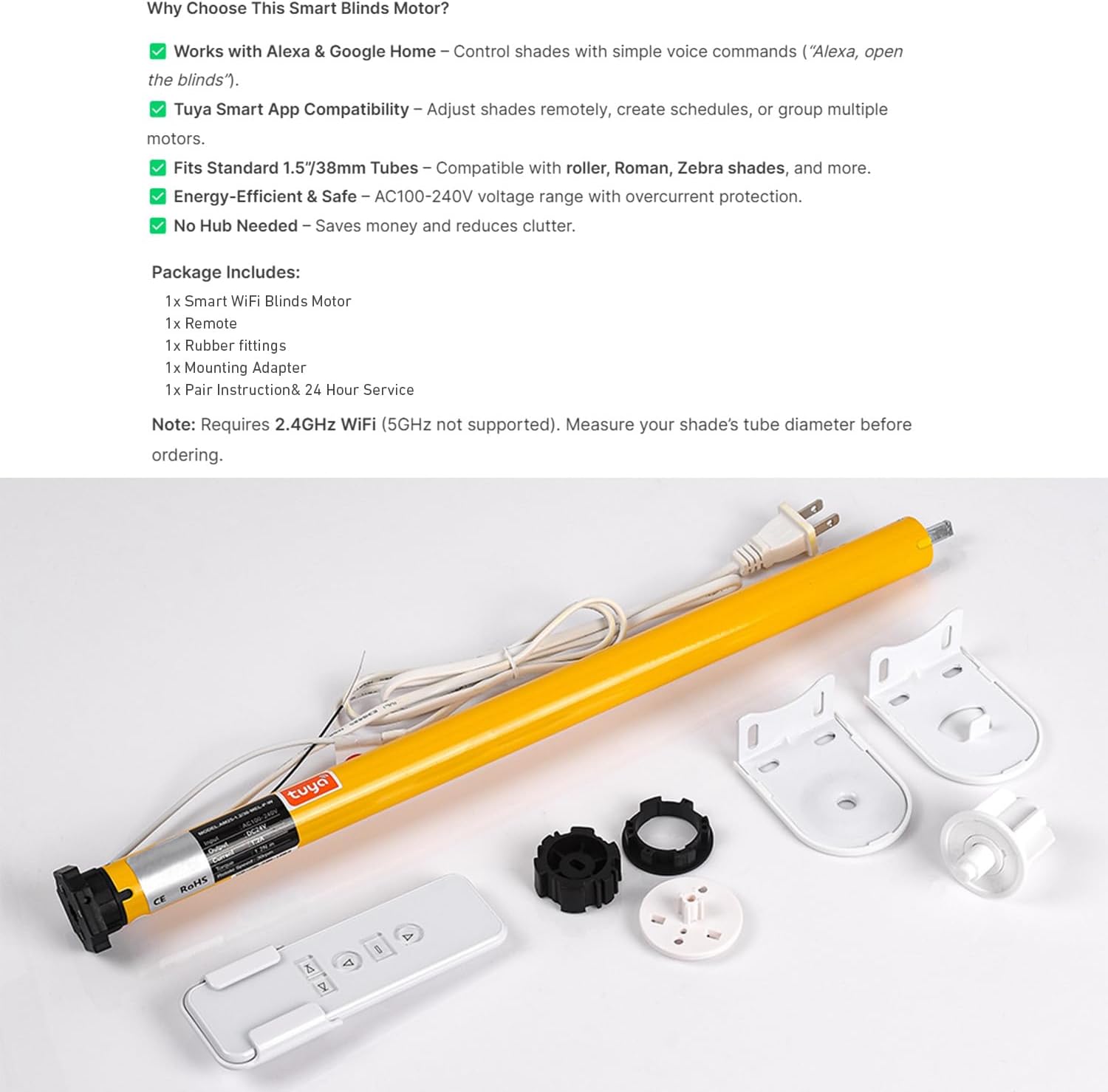 Smart Tuya WiFi Blinds Motor, AC100-240V Plug-in for 1.5"/38mm Shade Tubes, Compatible with Alexa/Google Home, APP & Timer Control, No Hub Required - Idea for Zebra, Roman, Roller Shades