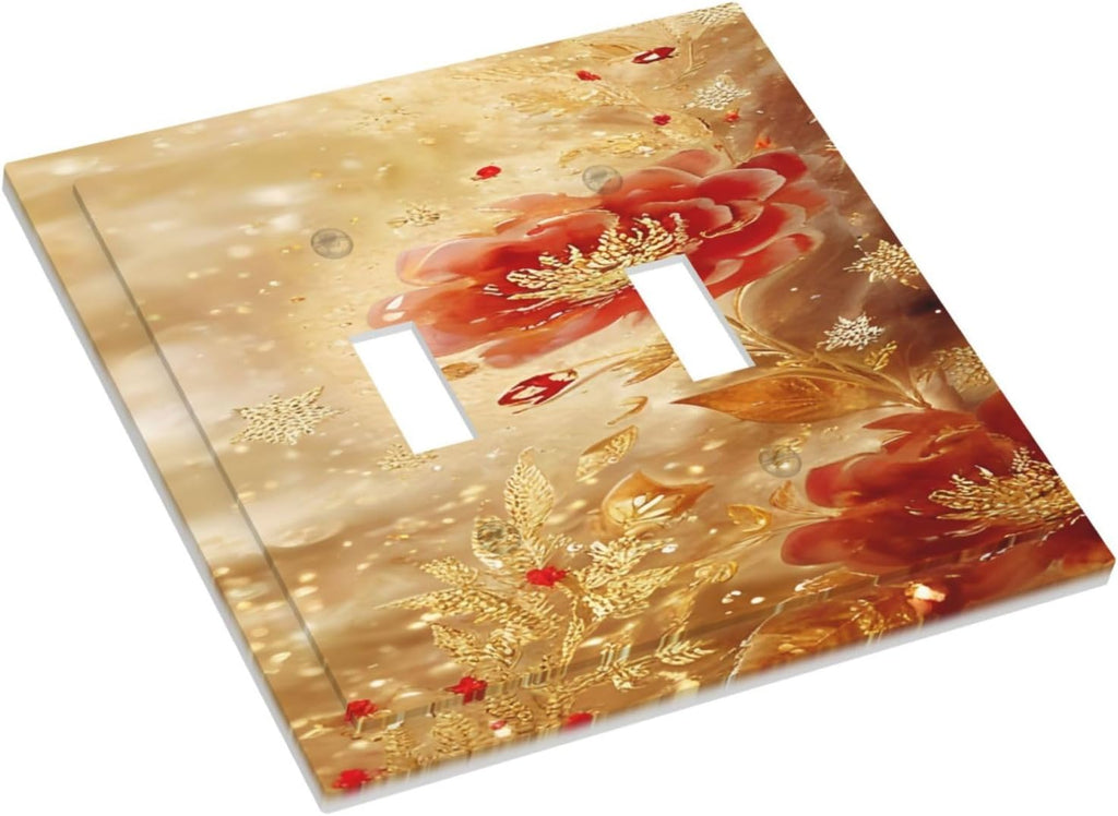 Decorative Light Switch Cover Plate Golden Leaf Red Peony Flowers Floral 2 Gang Wall Plate Oversized Double Toggle Two Switch Wall Cover Plate Dual Device Faceplate