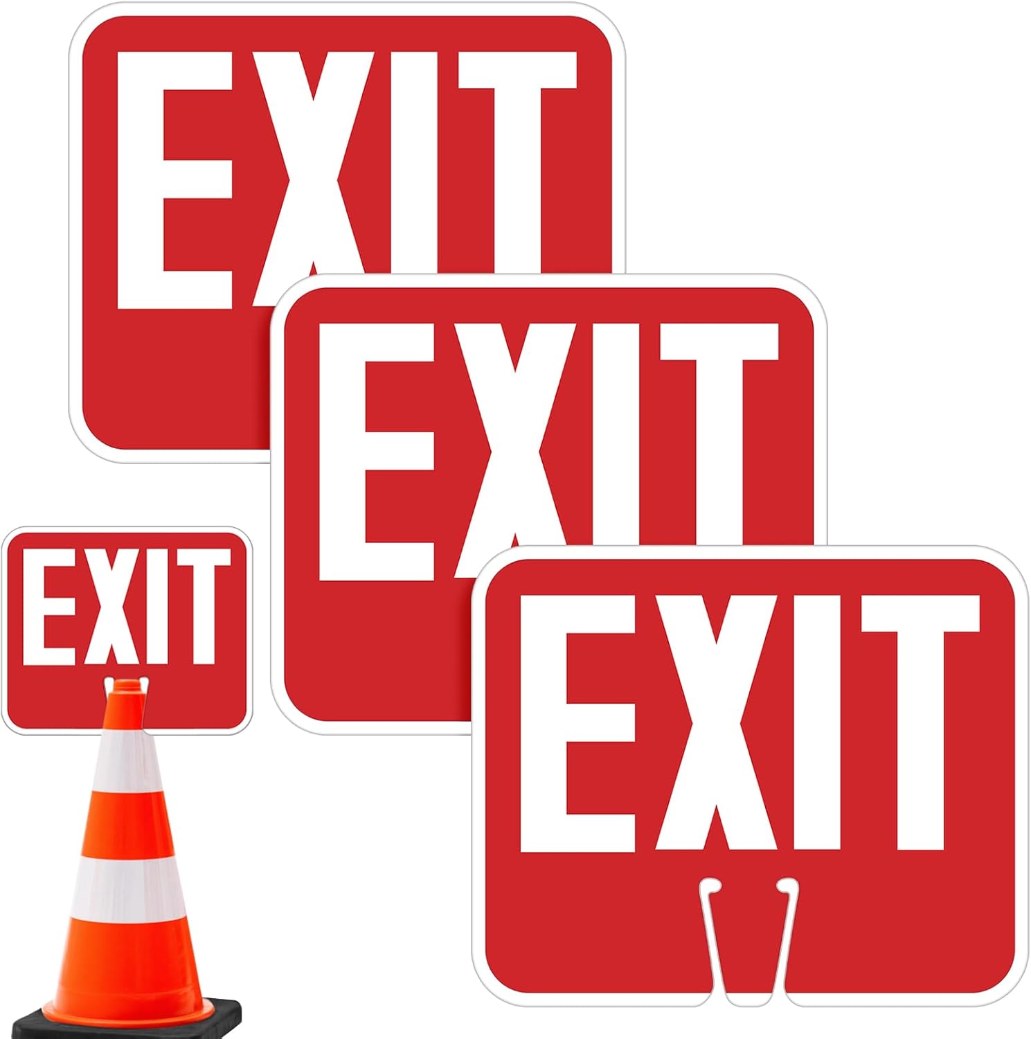 Geetery 3 Pcs Exit Traffic Cone Signs, Double Sided Printing, 10" x 13" Warning White and Exit Red Background Road Cone Top Signs