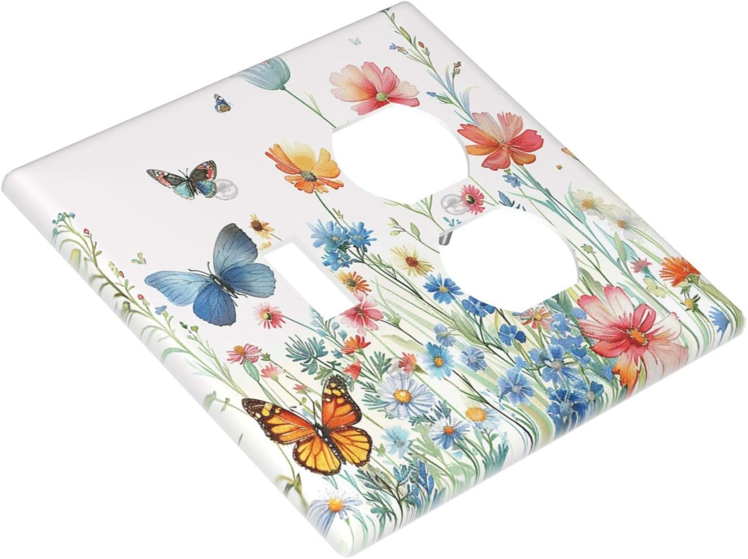 Decorative Outlet Covers Rustic Wildflower Blue Pink Floral Butterfly 2 Gang Light Switch Cover Plate Single Toggle Duplex Wall Plates for Electrical Outlets Switch Plate Covers for Home Decor