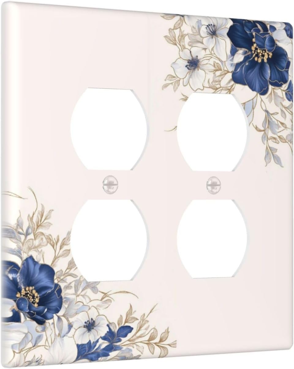 Decorative Outlet Covers Rustic Blue Beige Flower Peony Floral 2 Gang Light Switch Cover Plate Double Duplex Wall Plates for Electrical Outlets Switch Plate Covers for Bedroom Home Decor