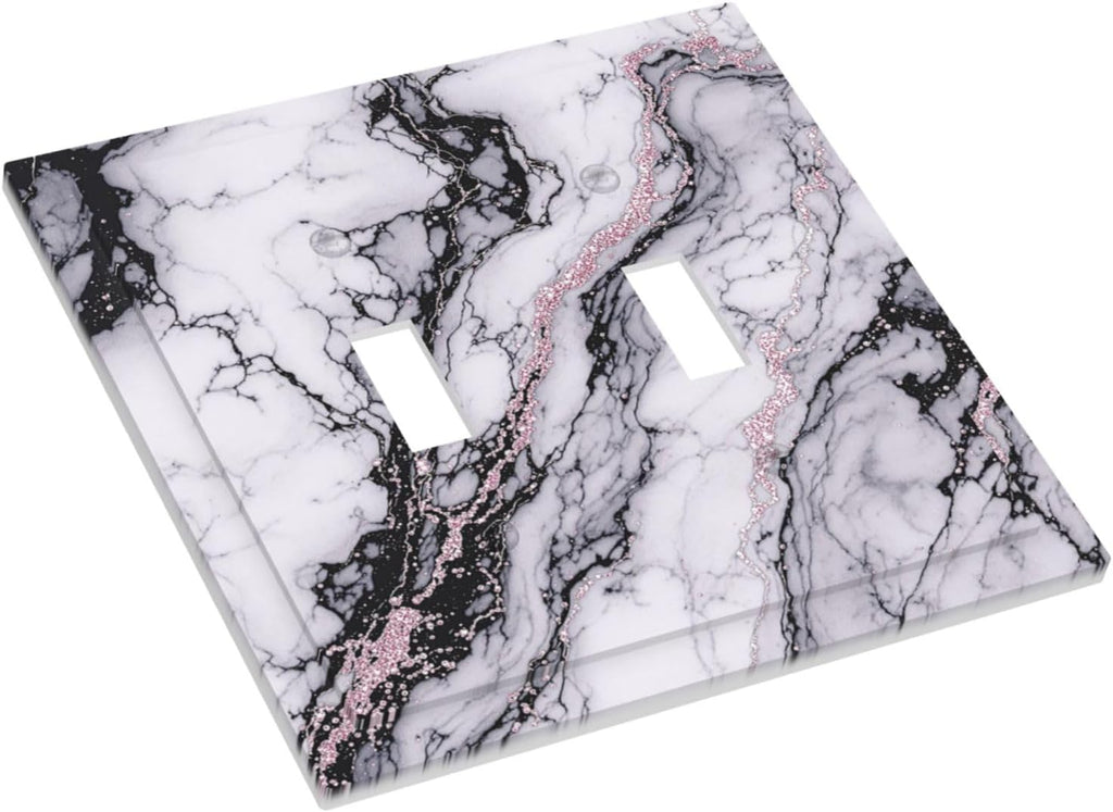 Decorative Switch Plates White Marble Pattern Black Lines Pink Lines 2 Gang Double Toggle Outlet Light Switch Cover Wall Plate Electrical Faceplate for living Room Office Decor