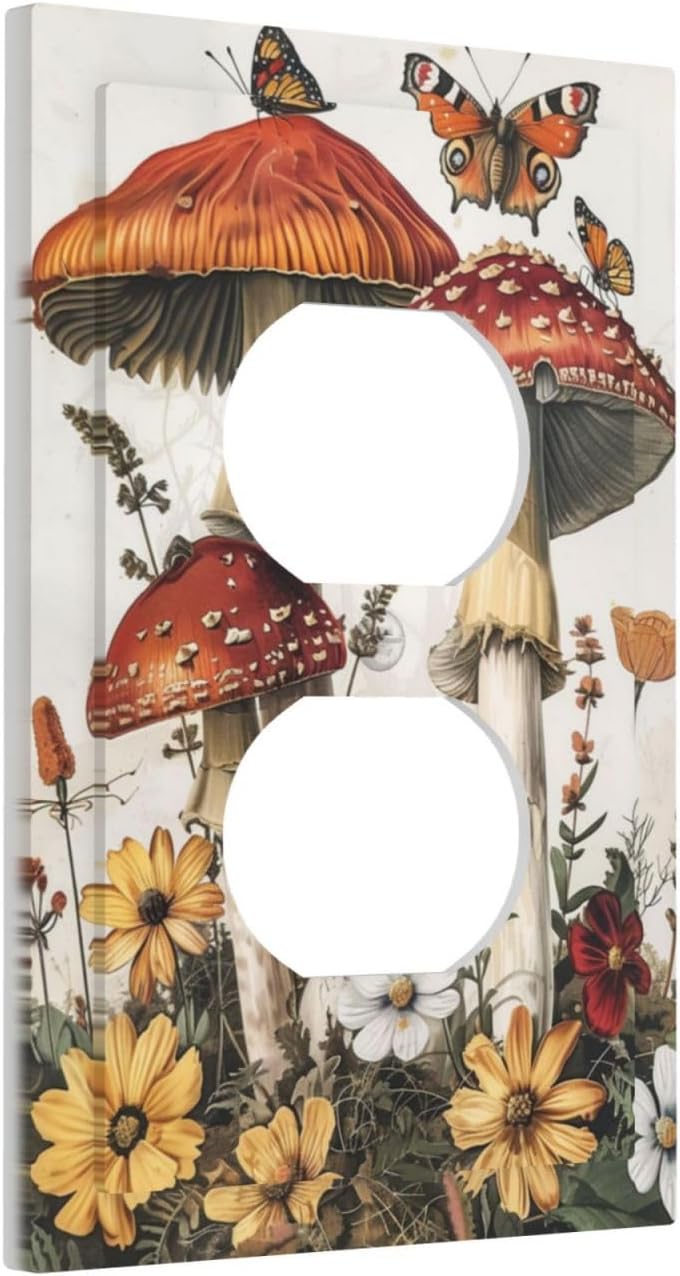Outlet Covers Mushroom Forest Butterfly Wild Flower 1 Gang Duplex Light Switch Cover Decorative Switch Plates Electrical Receptacle Faceplate Wall Plate For Bed Room Living Room Decor