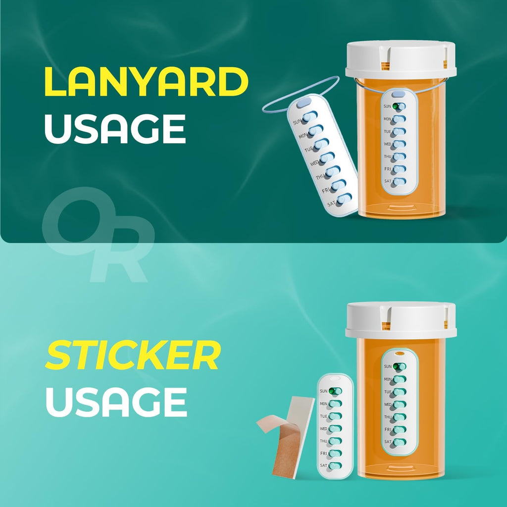 Odaro 4 Pack Pill Reminder, Lanyad or Sticker Pill Tracker, Work with Most Bottles, Reusable Medication Tracker Replacement of Vitamin Weekly (7 Day) Medicine Organizer