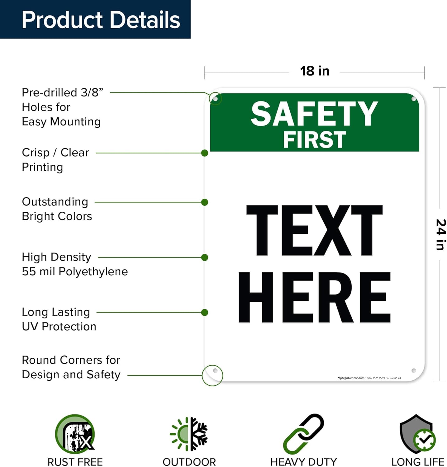 Custom Safety First Sign, OSHA Sign, 18x24 Inches, 55 mil thick HDPE (high density polyethylene), Made in USA by My Sign Center
