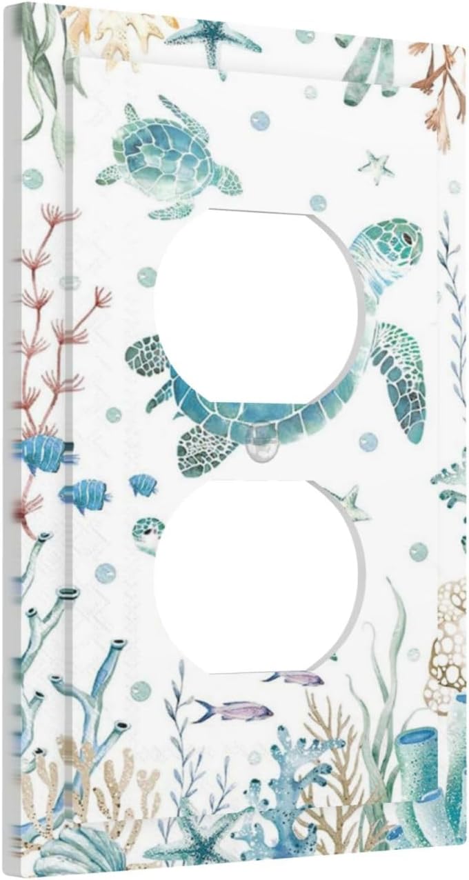 Sea Turtle Ocean Starfish Fish Coral Pearl Outlet Covers 1 Gang Duplex Light Switch Cover Decorative Switch Plates Electrical Receptacle Faceplate Wall Plate for Bathroom Kids Room Decor