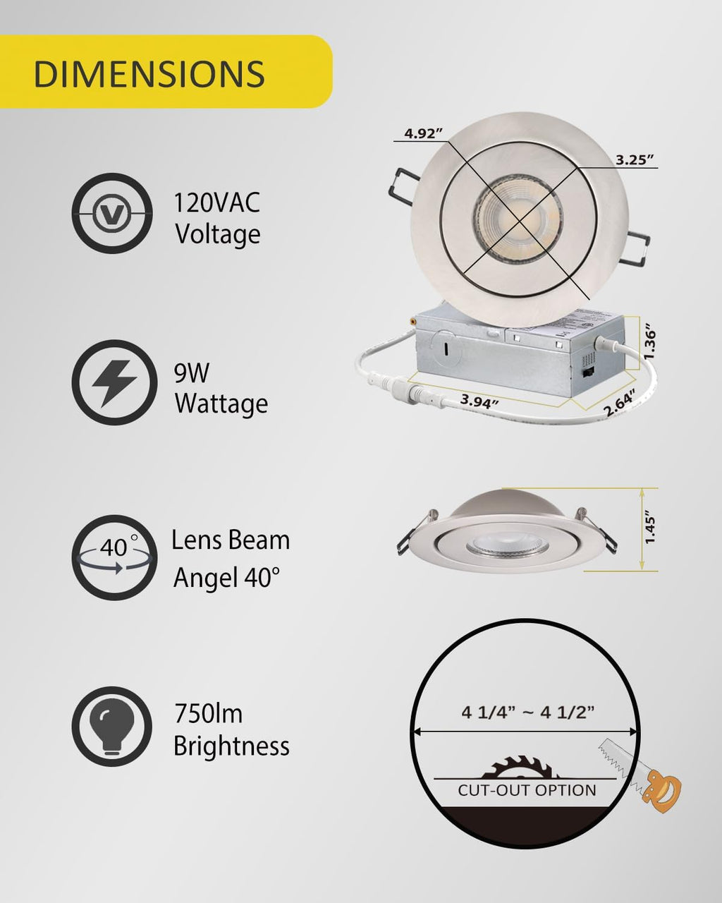 4-inch Gimbal LED Recessed - 4 in Lighting 6Pack Canless Brushed Nickel Trim 90° Tilt Swivel LED Eyeball Wafer Slope Ceiling Adjustable Spotlight Dimmable Brushed Nickel 4 inch 6 Pack