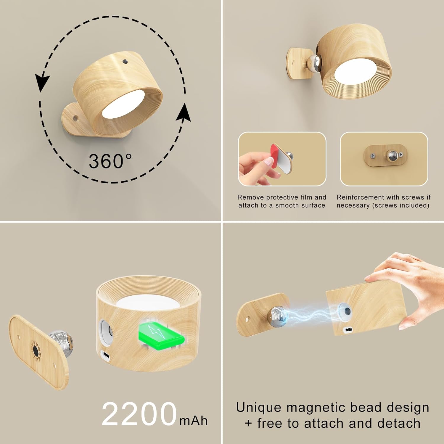 Koopala 3PACK Rechargeable LED Wall Sconce, Cordless Battery with Remote Powered Wall Sconce, 3 Brightness Levels, 360° Swivel Magnetic Shade for Reading Bedside, Wood Grain Color.