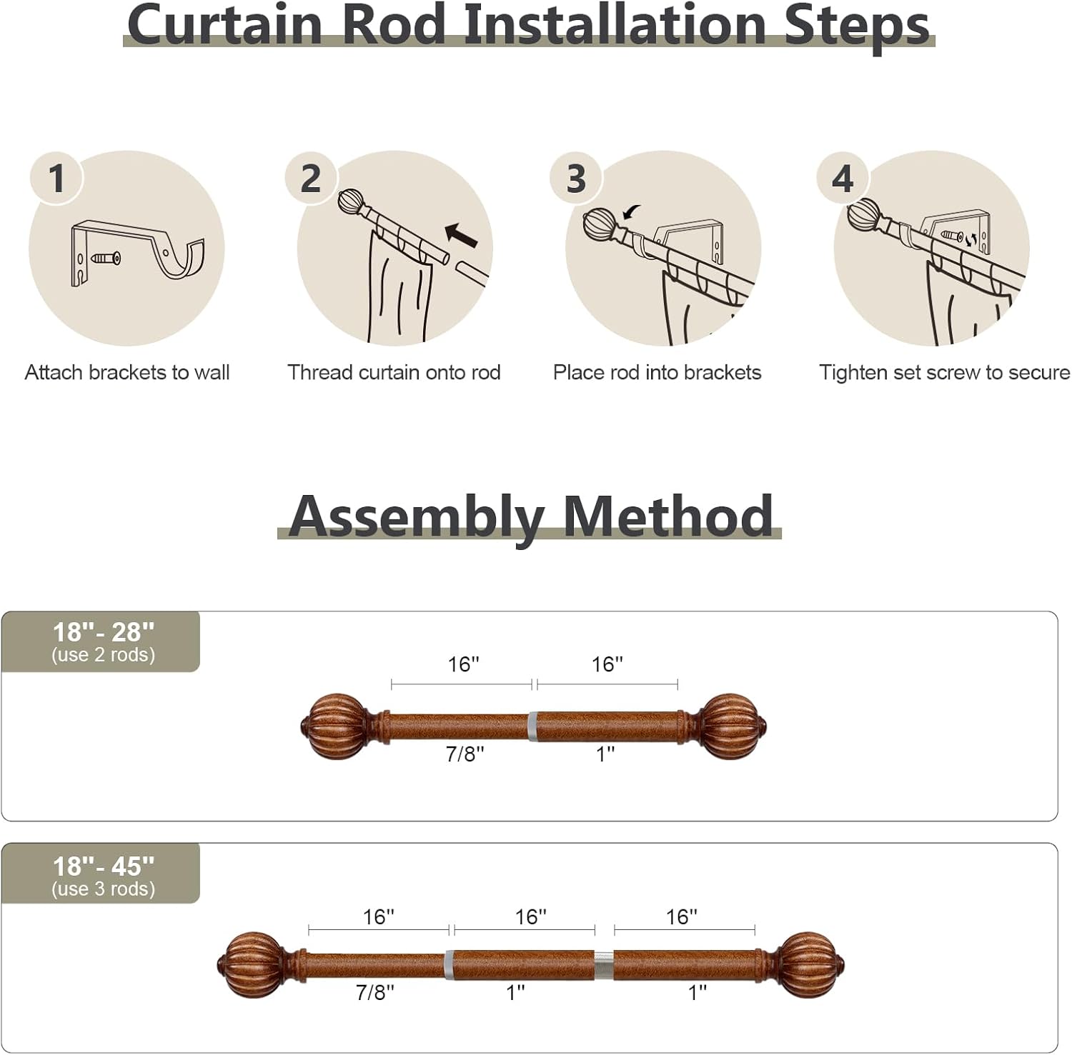 2 Pack Dark Brown Wood Curtain Rods for Windows 28 to 48 Inch, 1'' Adjustable Heavy Duty Curtain Rod，Vintage Imitation Wood Decorative Drapery Rods with Pumpkin Finials for Bedroom Living Room