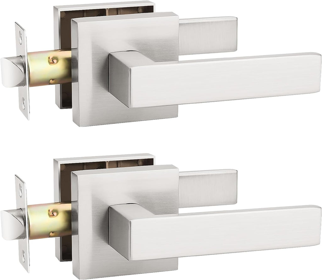 KNOBWELL 2 Pack Brushed Nickel Door Handle, Passage Door Knob Interior Closet Door Handle Without Lock and Key, Reversible for Left and Right(No Lock)