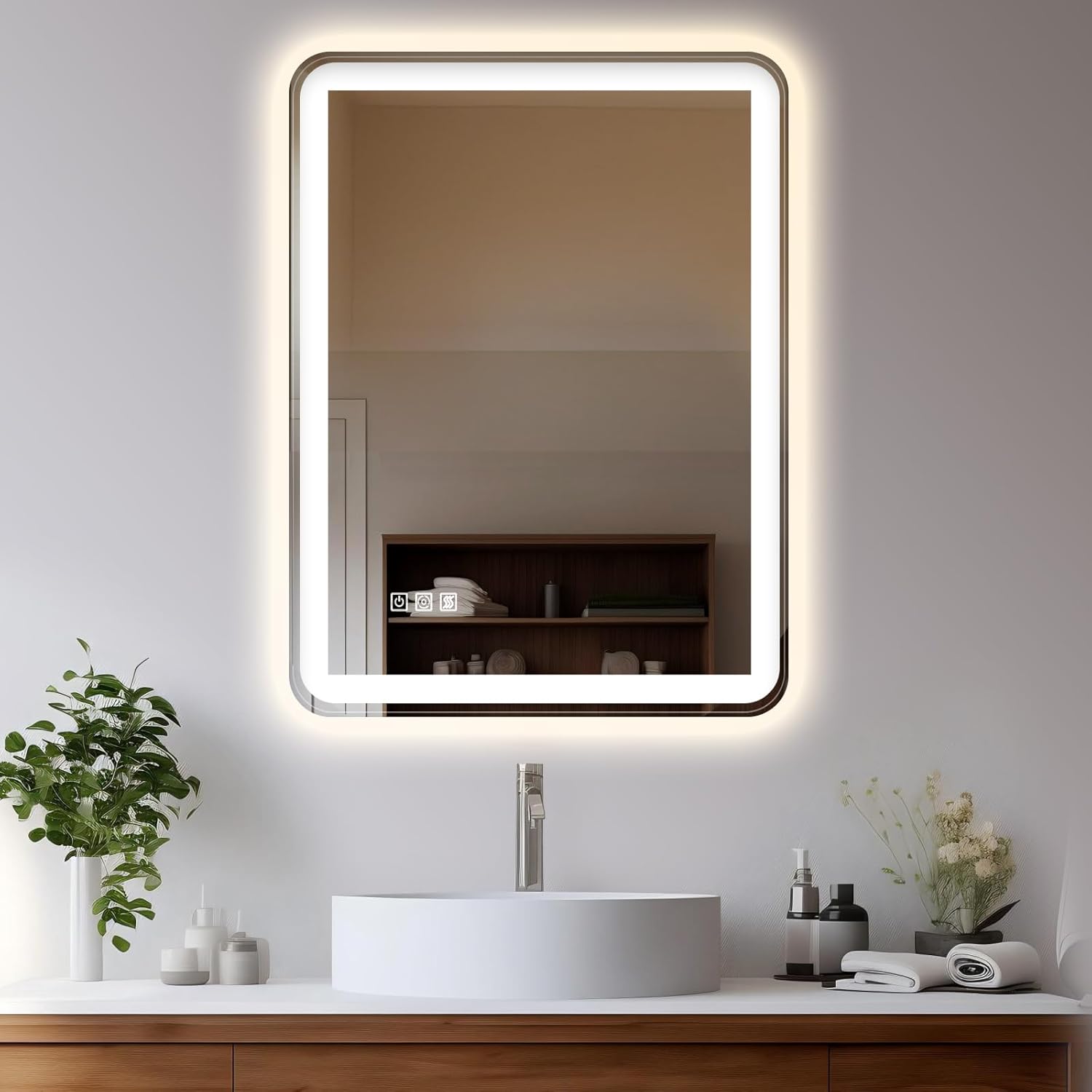 24"x32" LED Bathroom Mirror with Lights, Front and Backlit, Stepless Dimmable, Lighted Mirror for Bathroom Wall, 3 Colors Dimmable Vanity Mirror with Lights, Anti-Fog, Shatter-Proof Glass(Round)