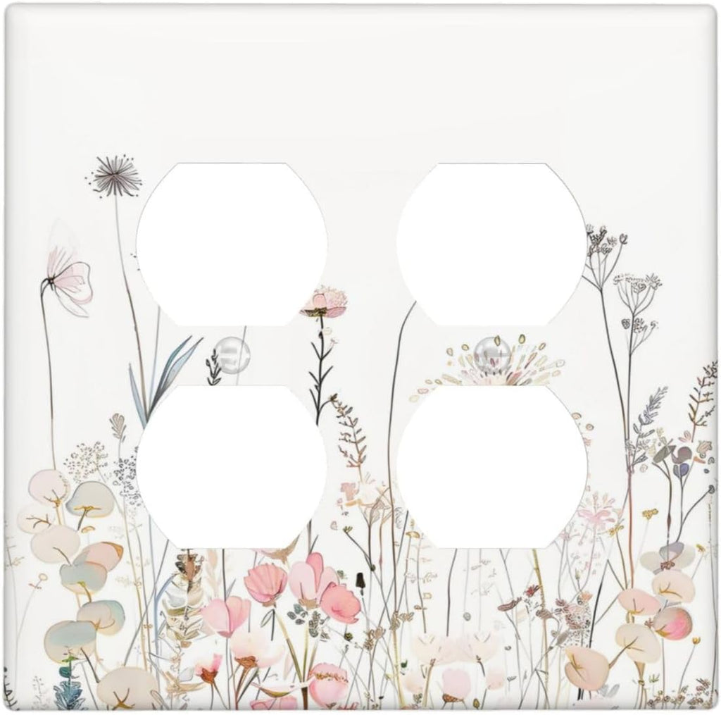 Floral Watercolor Wildflower Dandelion Plant Outlet Covers 2 Gang Double Duplex Decorative Light Switch Covers Electrical Wallplates Socket Faceplate for Farmhouse Bed Room Decor