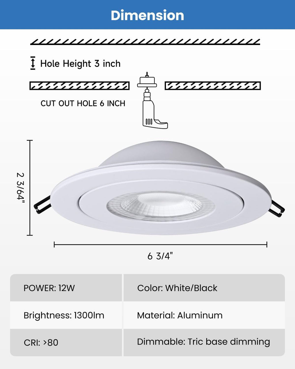 6-Inch Gimbal Recessed Light - 12W 90° Tilt & 360° Rotation, 5CCT (2700K-5000K), IC Rated LED Eyeball Recessed Lighting, for Sloped Ceilings, Soffit Light, Hallyway，Kitchens, White 6 Pack