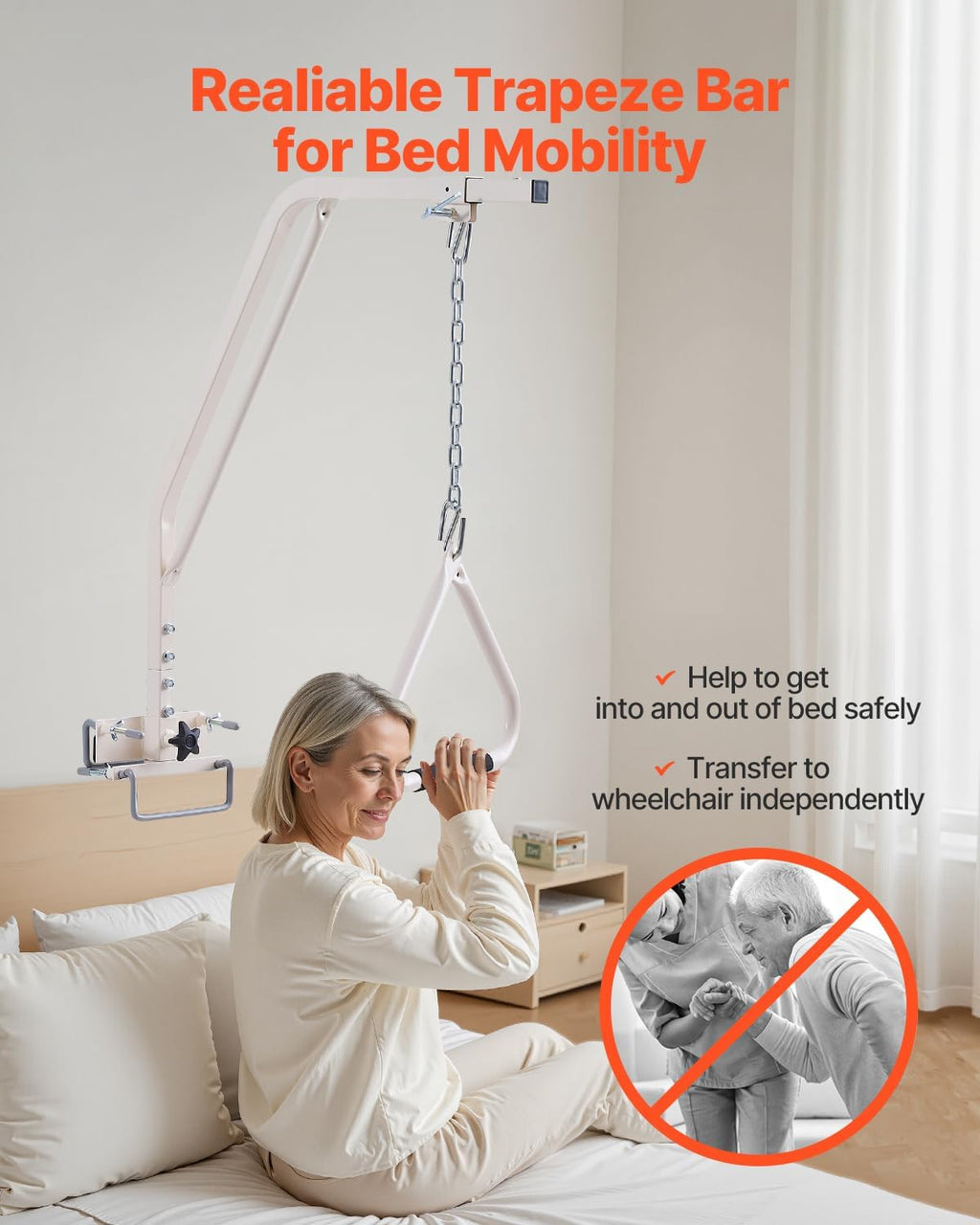 VEVOR Trapeze Bar for Bed Mobility, Medical Bed Trapeze with Clamps & Metal Chain, 250LBS Weight Capacity Beds Pull Up Assist for Elderly & Disabled, Ideal for Home Care, Hospitals, Nursing Homes