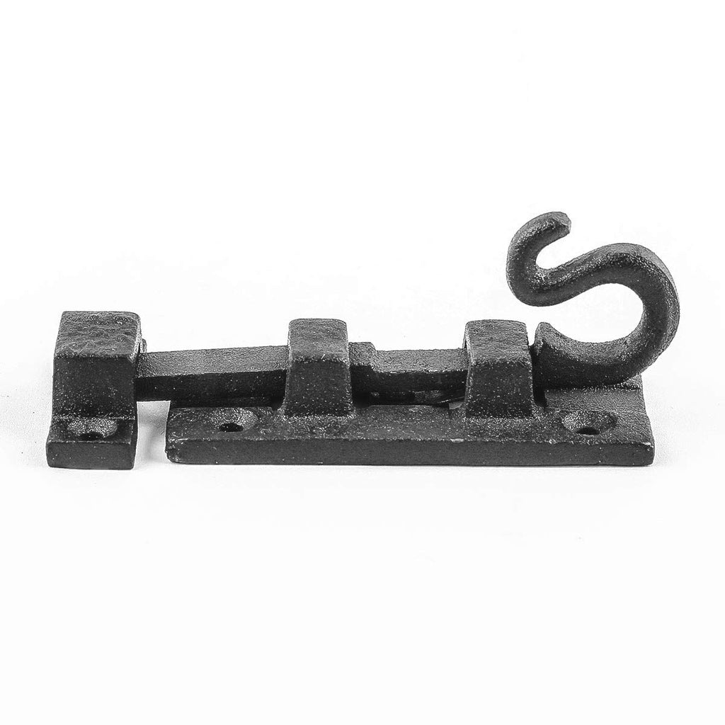 Renovators Supply Manufacturing Black Slide Bolt Door Latch 3 7/8 in. Long Wrought Iron Metal Surface Sliding Bolts with Catch for Cabinet Doors Rust Resistant Security Locks with Hardware Pack of 2