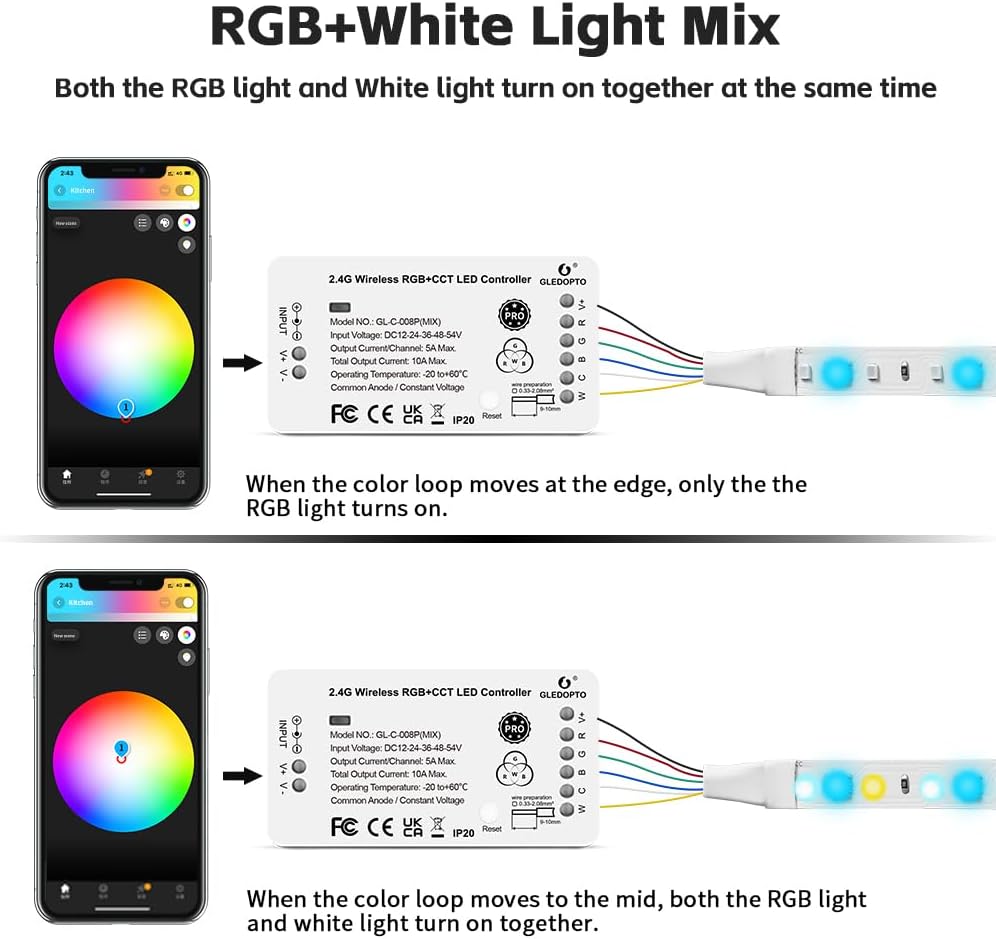 GLEDOPTO ZigBee 3.0 RGBCCT LED Strip Controller Pro RGB Color and Warm White Cold White Light Mix PWM Dimming Smart Phone App Voice Control Work with Hub Bridge (ZigBee Hub Required)