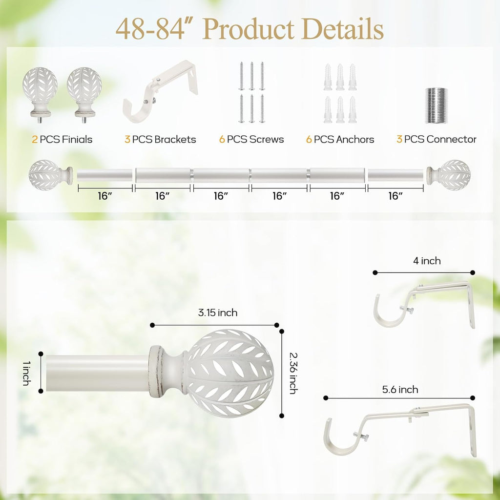 Weathered White Curtain Rod for Windows 48 to 84 Inches(4-7 ft)，1'' Diameter Heavy Duty Adjustable Curtain Rod with Leaf Pattern Finials - for Living Room, Bedroom,etc 36-88''