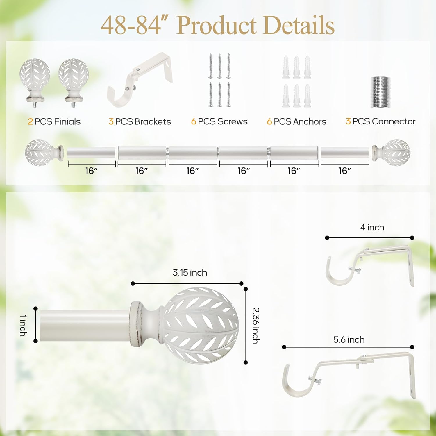 Weathered White Curtain Rod for Windows 48 to 84 Inches(4-7 ft)，1'' Diameter Heavy Duty Adjustable Curtain Rod with Leaf Pattern Finials - for Living Room, Bedroom,etc 36-88''