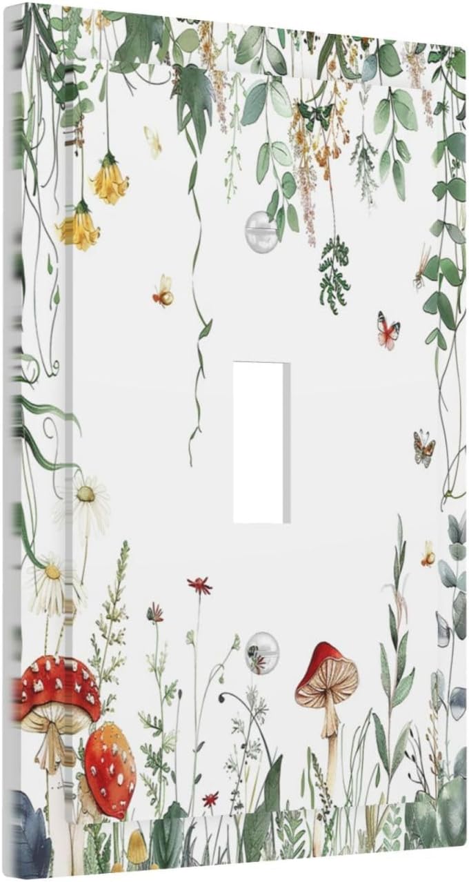 Decorative Light Switch Cover Sage Plant Red Mushroom Butterfly Wild Flower 1 Gang Single Toggle Device Electrical Faceplate Switchplates Decorator Outlet Wall Plate For Bed Room Home
