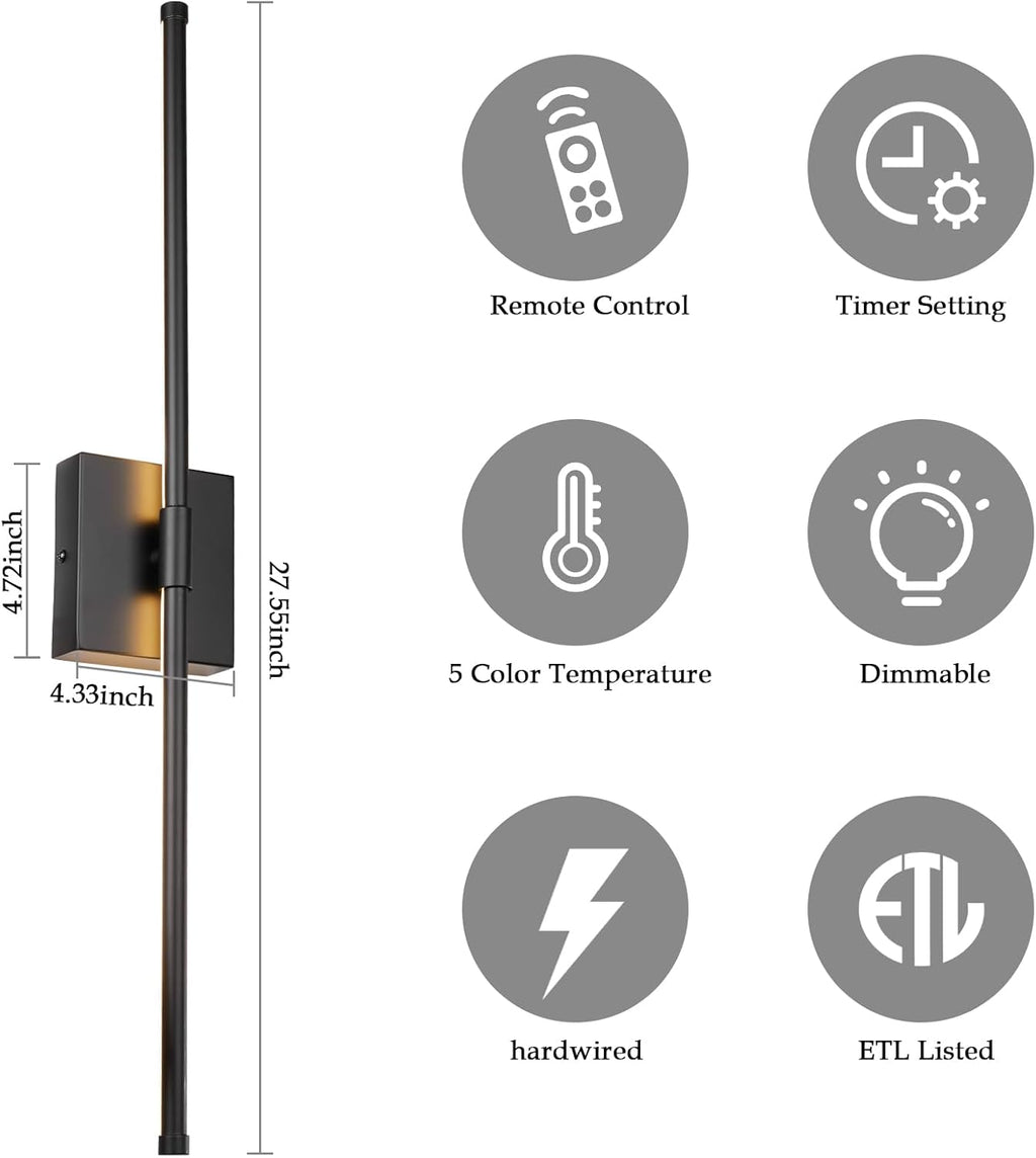 LED Wall Sconces with Remote Control, Dimmable Wall Sconces Set of Two, 5 Colors 3000K-6500K & Dimmable, Hardwire Wall Light with Timer & Night Light, LED Black Wall Lamps for Living Room, Bedroom