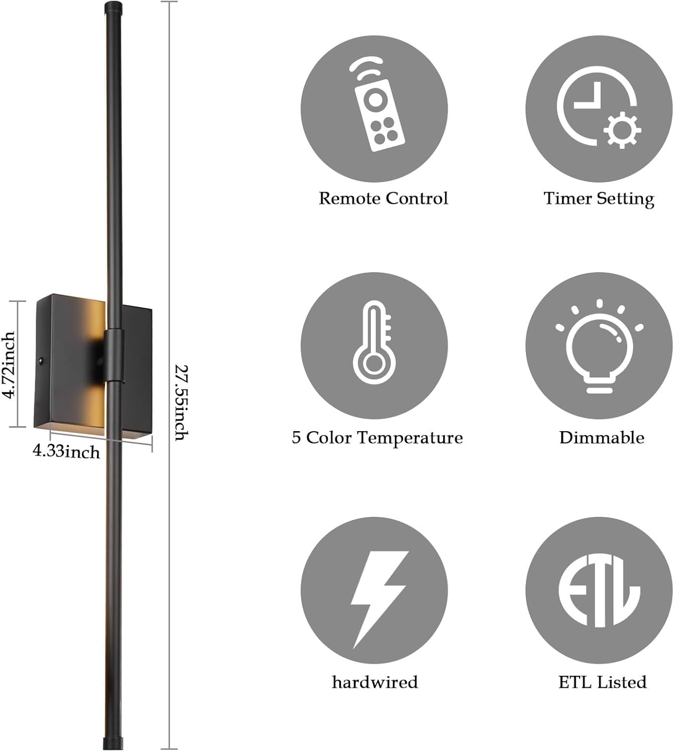 LED Wall Sconces with Remote Control, Dimmable Wall Sconces Set of Two, 5 Colors 3000K-6500K & Dimmable, Hardwire Wall Light with Timer & Night Light, LED Black Wall Lamps for Living Room, Bedroom