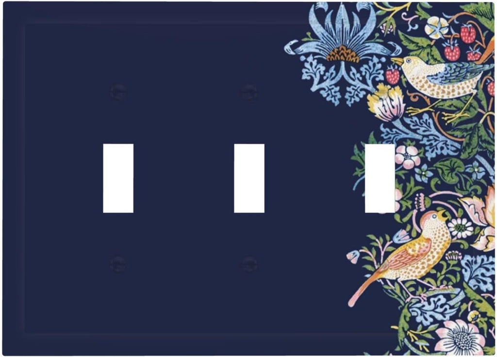 Decorative Light Switch Cover Plate Vintage Blue Morris Strawberry Thief Bird Flower 3 Gang Wall Plate Oversized Triple Toggle Switch Cover Plate Jumbo Faceplate