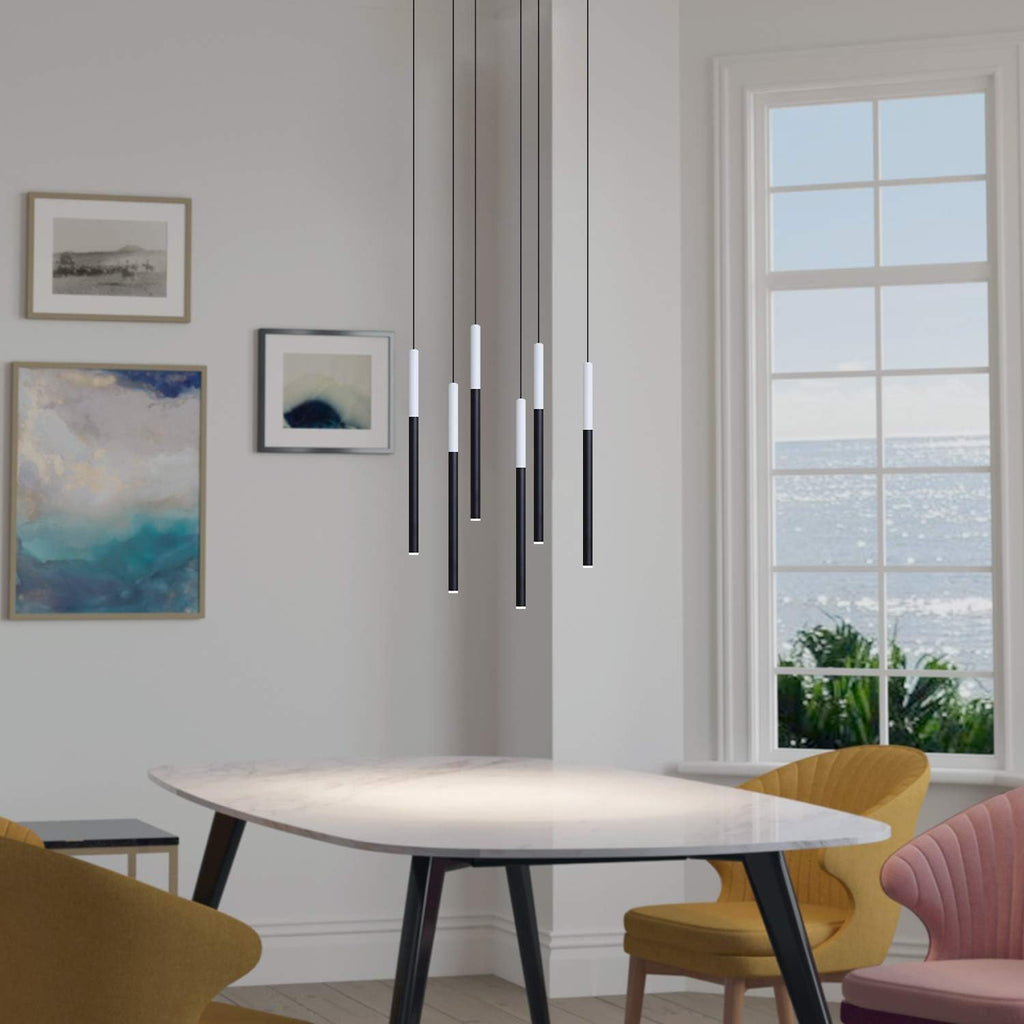 ALTAIR 6 Mini Pendant Lighting White-Black - LED Hanging Light Fixture for Kitchen Island, Bar, Foyer - Cluster Pendants - Dimmable, Adjustable Wire, Lamp Bulb Included