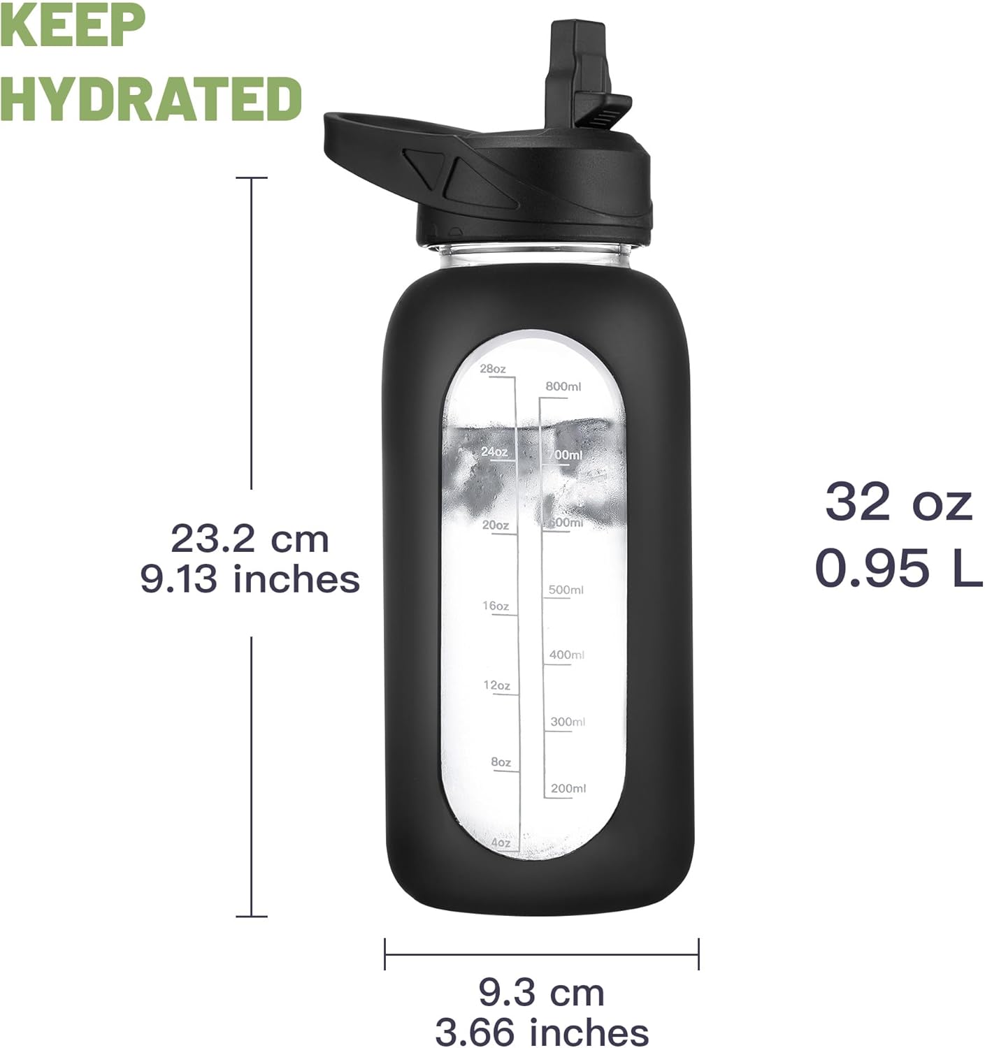 CIVAGO 32 oz Glass Water Bottle with Straw and Insulated Bottle Holder Sling, Motivational Water jug with Time Marker and Silicone Sleeve, Water Flask with 2 Lids for Walking and Gym Camelia