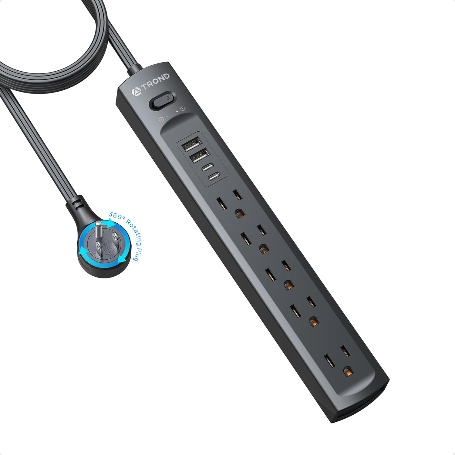TROND 360° Rotating Plug Surge Protector Power Strip, Flat Plug Power Strip with 2 USB C and 2 USB A, 1440J Surge Protector, Wall Mountable, Flat Extension Cord 10ft for Home Office Dorm, Black