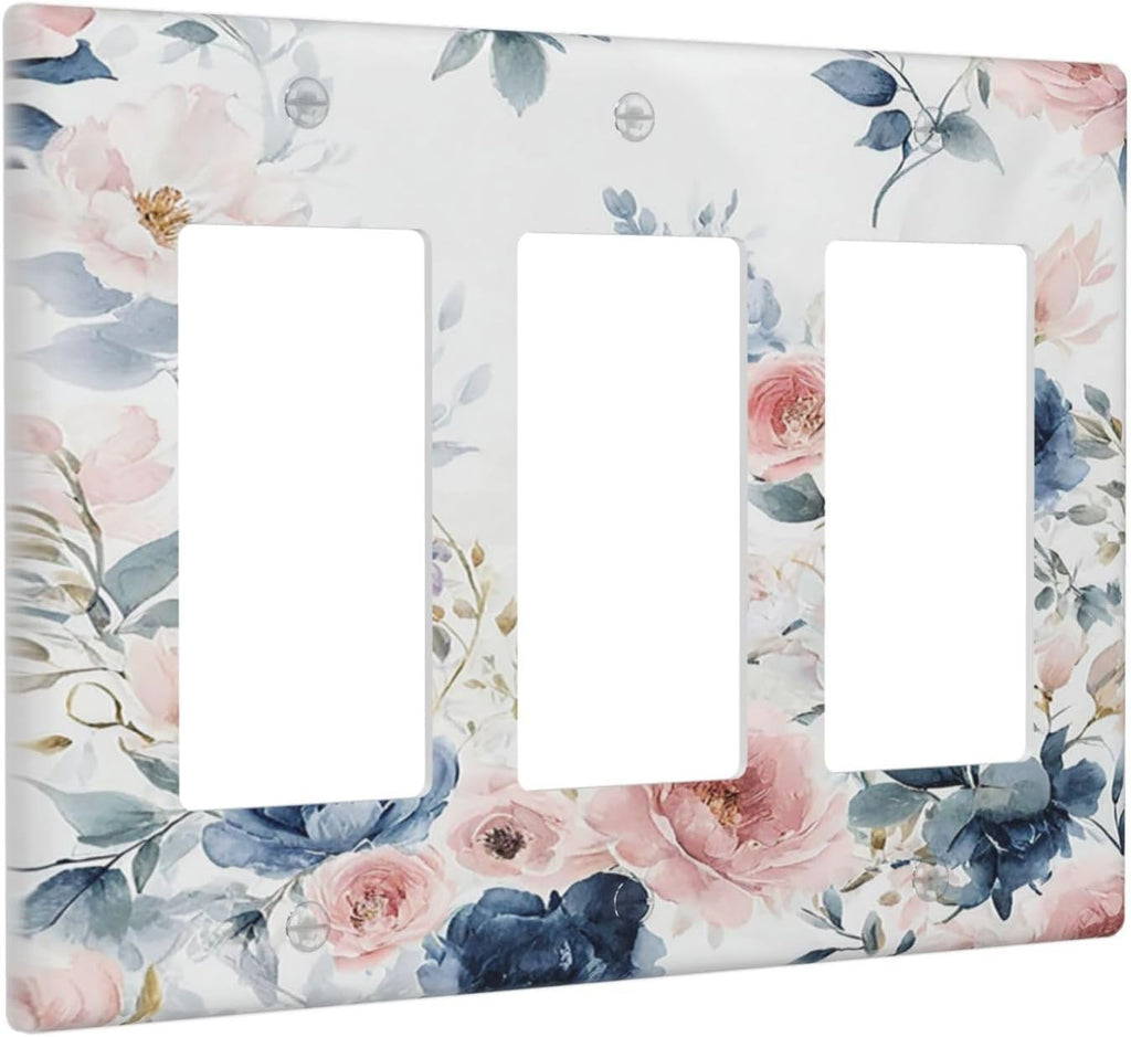 Elegant Watercolor Pink Blue Flowers Floral Triple Rocker Light Switch Covers 3 Gang Outlet Cover Wall Plates Decorative Switch Plates Electrical GFCI Faceplate Switchplate for Home 4.49 X 6.38 IN