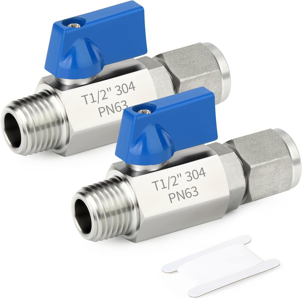 TAISHER 2PCS 304 Stainless Steel Compression Mini Ball Valve Shut Off Switch, 1/2" Tube OD x 1/2" NPT Male