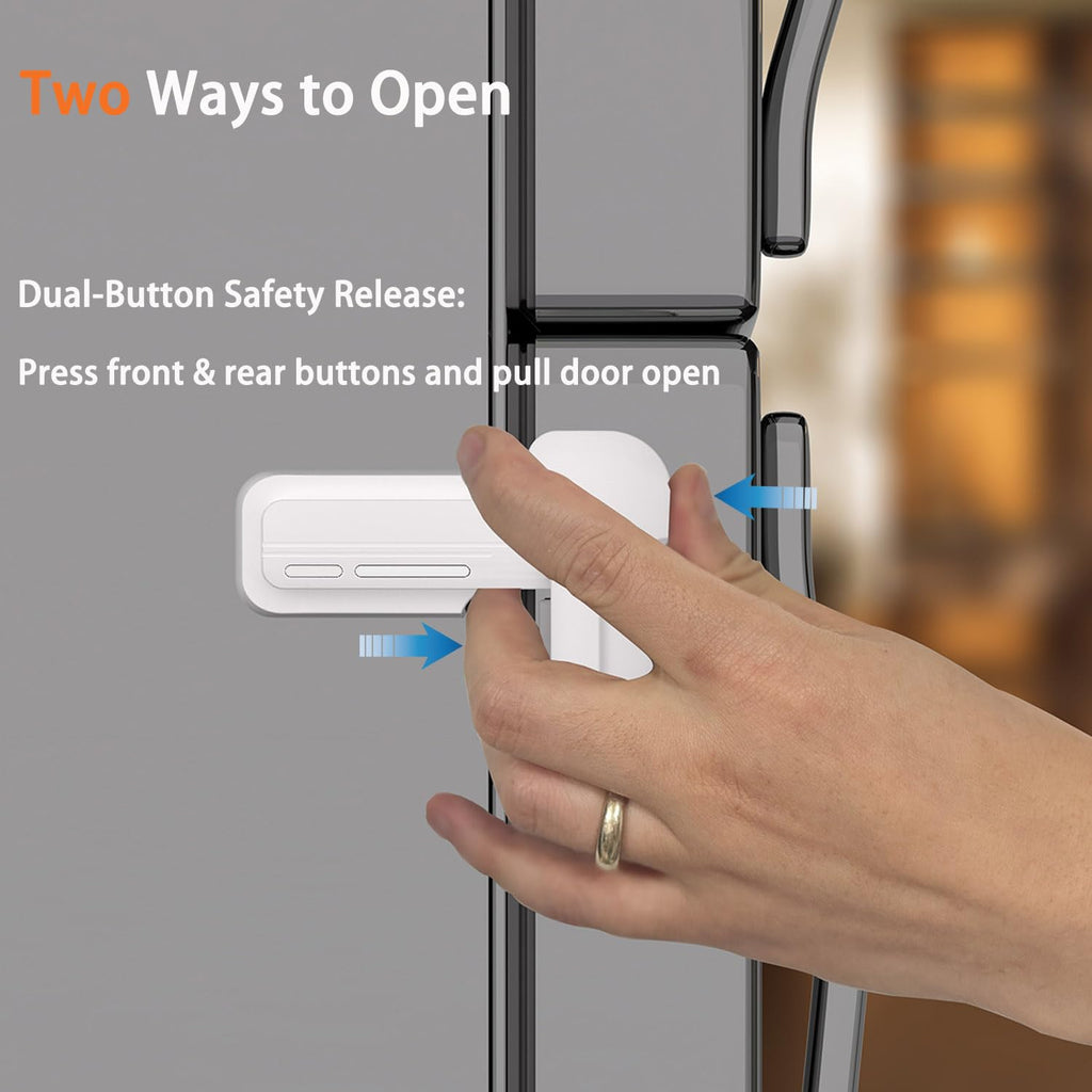 2 Pack Upgrade Child Proof Refrigerator Lock with Two Ways to Open, Home Fridge Freezer Door Lock Latch Catch to Keep Door Closed, no Tools Need or Drill (White)