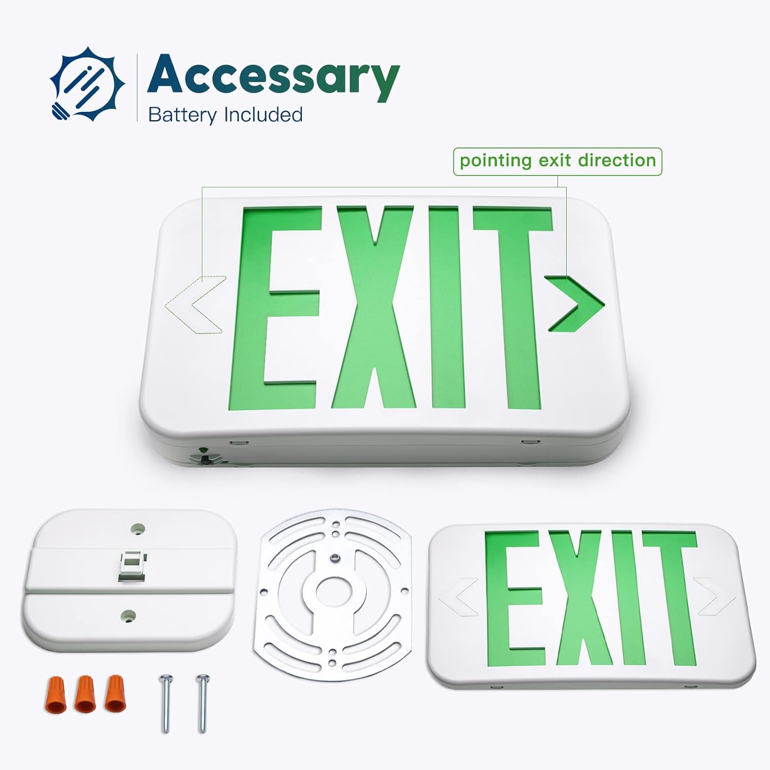 FREELICHT Green LED Exit Sign with Battery Backup，Exit Sign for Business，Easy to Install，UL Certified，AC 120/277V，Pack of 6