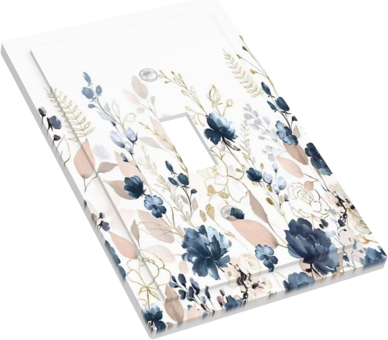 Blue Flora Boho Vintage Flower Golden Leaves Decorative Light Switch Cover 1 Gang Single Toggle Device Electrical Faceplate Switchplates Decorator Outlet Wall Plate for Bedroom Living Room Decor