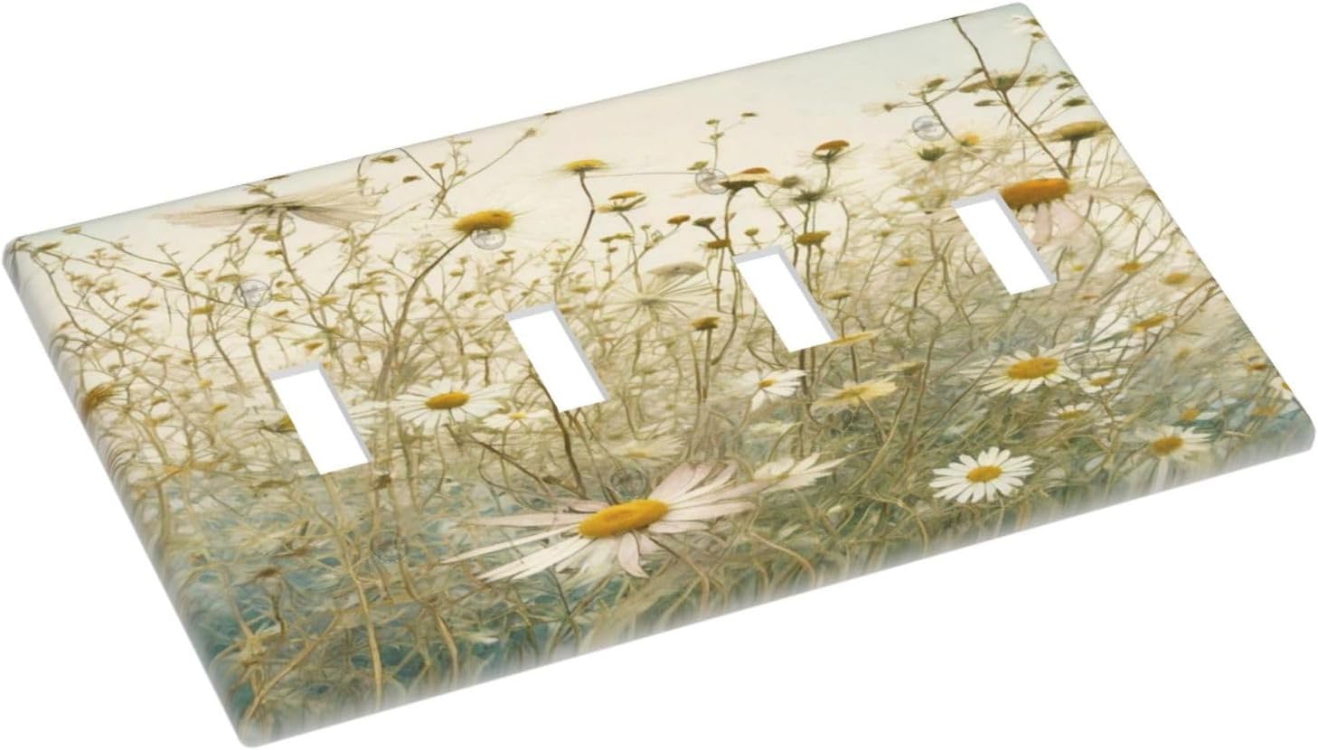 White Wildflowers Daisy Vintage Floral Light Switch Covers Quad Toggle Electrical Faceplate 4 Gang Wall Plate Decorative Switch Plates for Bed Room Living Room Decor