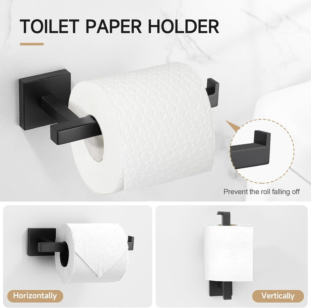 TQKAG 7-Pieces Matte Black Bathroom Hardware Accessories Set 23.6" SUS304 Stainless Steel Towel Bar Set Toilet Paper Spare Rolls Storage Holder Wall Mounted